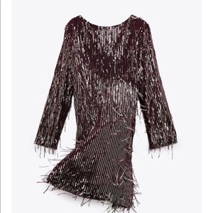 NWT Zara Fringe Sequin Mini Dress, Burgundy